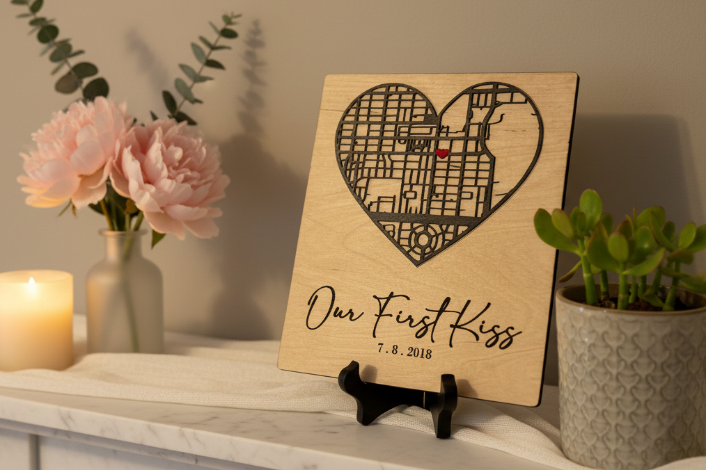 Our First Kiss Map Plaque in romantic setting
